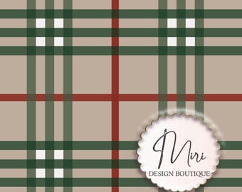Sad Beige Dark Red and Green Christmas Plaid Holiday Fabric Seamless Design (Digital Download) Commercial Use