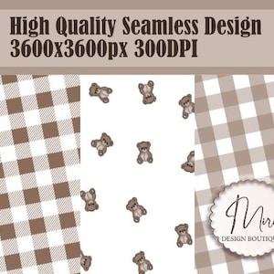 Può includere: Design digitale con tre motivi: un motivo a quadri vichy marrone e bianco, uno sfondo bianco con illustrazioni di orsetti e un motivo a quadri marrone e bianco. Il testo "High Quality Seamless Design" è in alto.