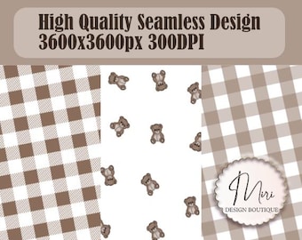 Teddy Bears Mocha Brown and White Gingham Plaid Seamless Repeating Pattern for Fabric Printing (Digital Download) Commercial Use
