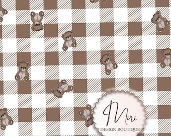 Gingham Teddy Bears Mocha Brown and White Plaid Seamless Repeating Pattern for Fabric Printing (Digital Download) Commercial Use