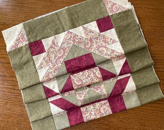 Four 18" Cotton Quilt Blocks in Different Designs - Shades of Red Green and Tan - Very Well Pieced Blocks