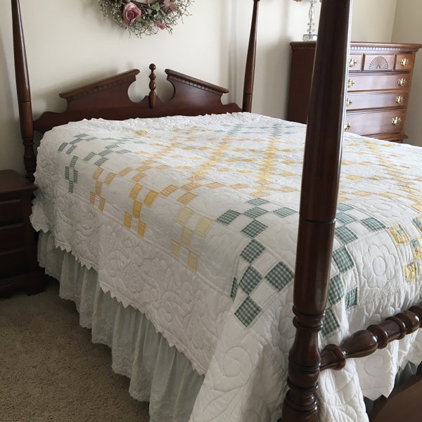 Hand Quilted Twin/Full Size 92"x80" Nine Patch Quilt in Yellow Green and White  Large Bands pf Decorative Quilting end with  Prairie Points