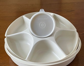 Vintage Tupperware Center Party Tray with Removable Dip Bowl Divided Sections - Maintain Cool Temperatures - 1665, 1666