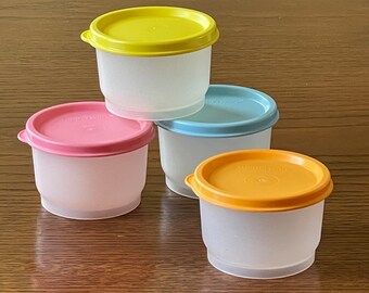 Set of 4 Tupperware 6 oz Snack Containers with Lids - Sheer White Cups with Colored Seals - 1229 4922