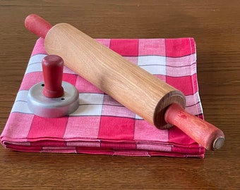 Red Handled Rolling Pin Cookie Cutter and Red Checkered Tablecloth