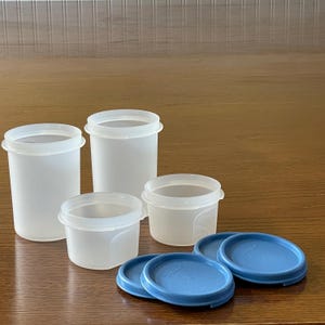 May include: A collection of clear, frosted plastic food storage containers with blue lids. The containers are cylindrical and come in various sizes. The lids are round and snap on. The containers are arranged on a wooden surface.