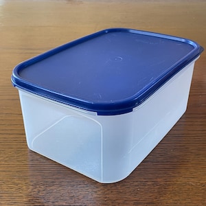 May include: A rectangular food storage container with a translucent body and a dark blue lid. The container is made of plastic and is designed for storing food items. The lid fits snugly on top of the container.