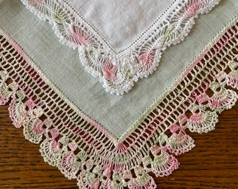 Vintage Linen Hankies - Set of Two - Peach and Green with Crocheted Edges