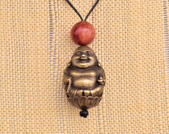 Bronze Buddha Pendant Necklace with Old Jade and Tibetan Agate Beads