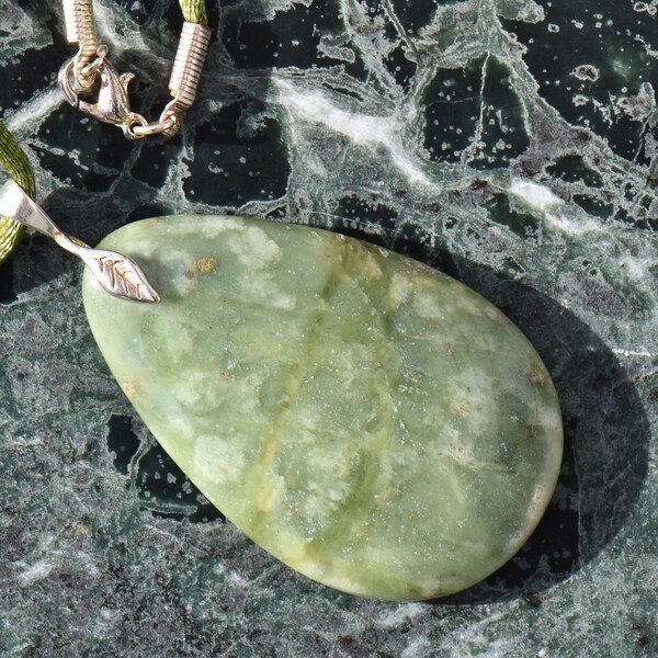 Olivine Teardrop Pendant Necklace with Sterling Silver Leaf Bail on Black Satin Cord