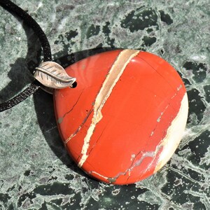 Red River Jasper Teardrop Pendant Necklace with Sterling Silver Double Leaf Bail on Black Satin Cord image 2
