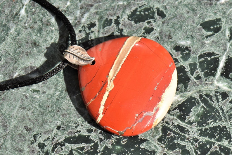 Red River Jasper Teardrop Pendant Necklace with Sterling Silver Double Leaf Bail on Black Satin Cord image 2