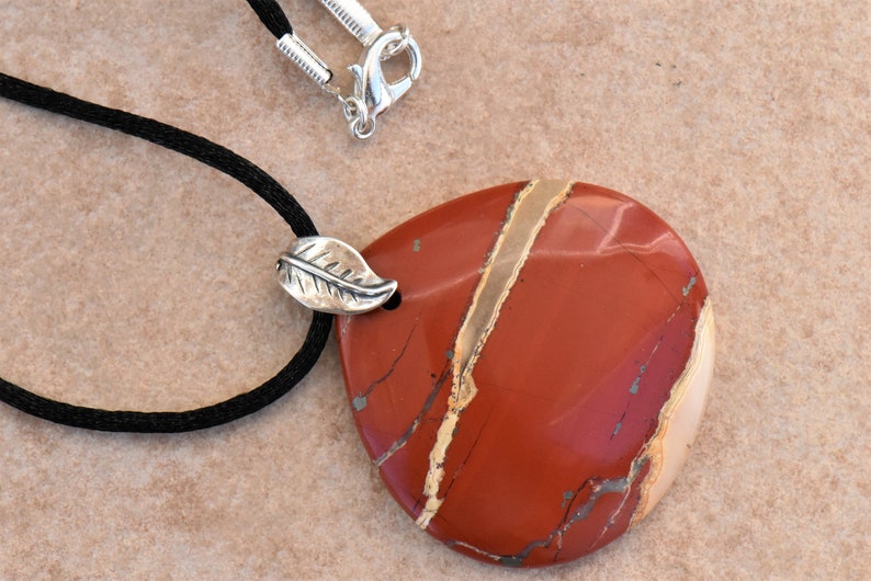 Red River Jasper Teardrop Pendant Necklace with Sterling Silver Double Leaf Bail on Black Satin Cord image 6