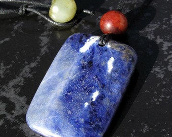 Sodalite Rectangle Pendant Necklace with Antique Jade Beads on Black Braided Cotton Cord