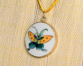 Vintage White Porcelain Butterfly Pottery Shard Pendant on Yellow Satin Cord