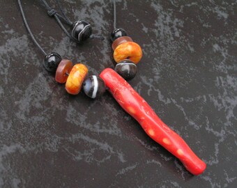 Red Coral Pendant on Tibetan Agate and Jade Bead Choker Necklace