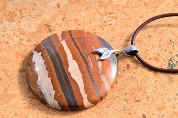 Iron Tiger Eye Round Pendant Necklace with Antiqued Silver-plated Brass Double Leaf Bail & Dark Brown Leather Cord Il_570xn