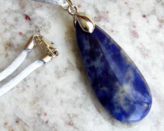 Sodalite Teardrop Pendant Necklace with Sterling Silver Bail on White Satin Cord