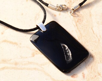 Black Agate Druzy Geode Rectangle Pendant Necklace with Sterling Silver Bail on Black Satin Cord with Silver Tone Lobster Clasp