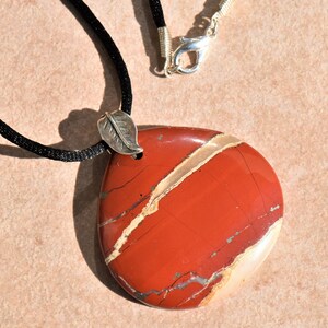 Red River Jasper Teardrop Pendant Necklace with Sterling Silver Double Leaf Bail on Black Satin Cord image 4