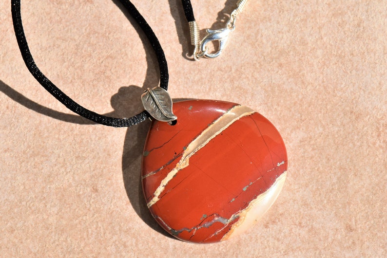 Red River Jasper Teardrop Pendant Necklace with Sterling Silver Double Leaf Bail on Black Satin Cord image 4