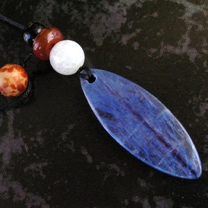 Kyanite Free Form Leaf Shaped Pendant Necklace with Dragon Vein Agate, Red and Black Agate, and Old Jade Beads image 2