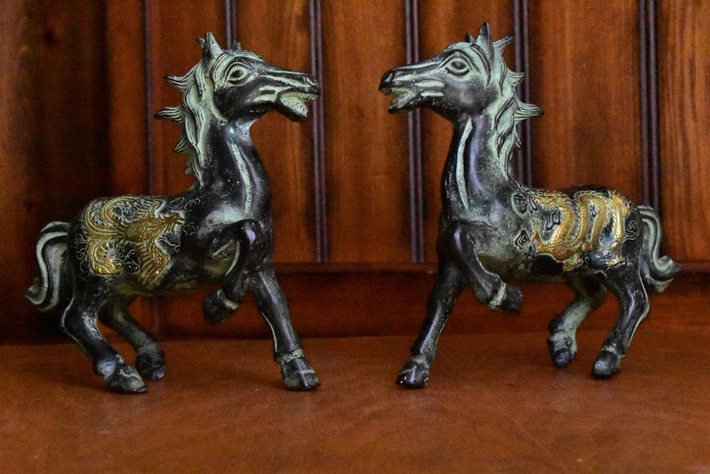 Vintage Bronze Horses Dragon-Phoenix Horse Figurine Statues image 1