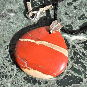 Red River Jasper Teardrop Pendant Necklace with Sterling Silver Double Leaf Bail on Black Satin Cord image 1