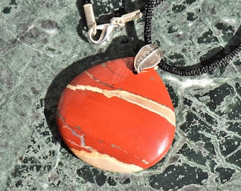 Red River Jasper Teardrop Pendant Necklace with Sterling Silver Double Leaf Bail on Black Satin Cord