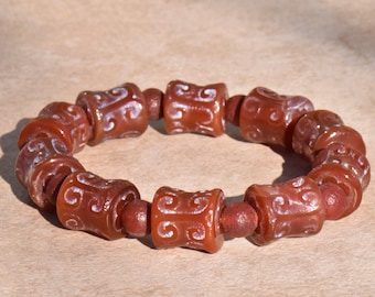 Tibetan Red Natural Agate Barrel Bead Bracelet on Stretch Cord