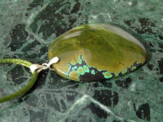 Green Turquoise Oval Pendant Necklace with Sterling Silver Bail & Green Satin Cord Il_570xn