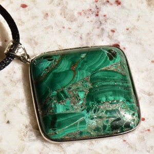 Malachite Pendant Necklace in Sterling Silver Setting and Openwork Bail on Black Satin Cord image 1