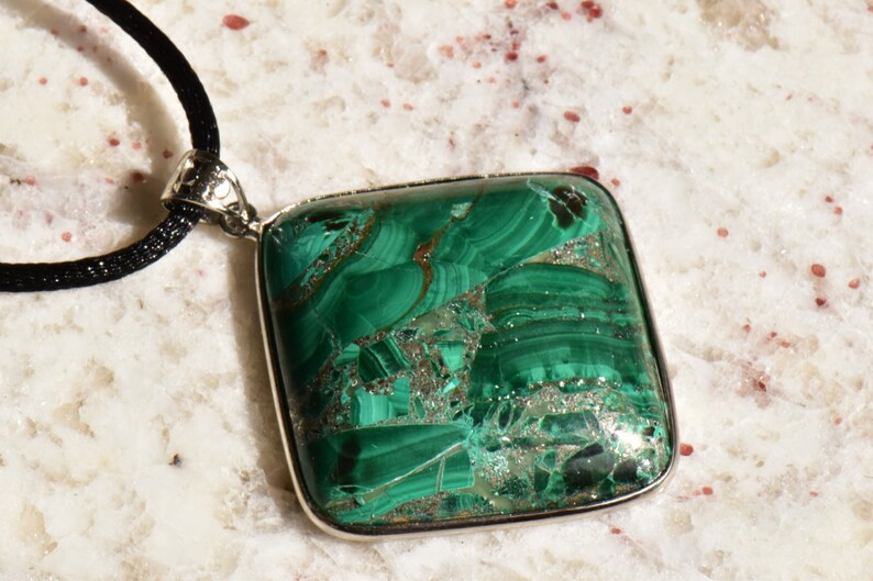 Malachite Pendant Necklace in Sterling Silver Setting and Openwork Bail on Black Satin Cord image 1