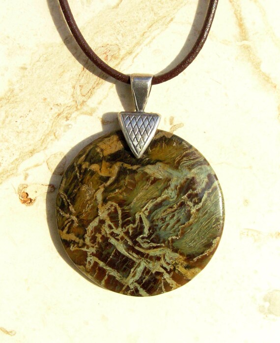 Snake Skin Stone Jasper Pendant Necklace with Sterling Silver Custom Bail & Brown Leather Cord Il_570xn