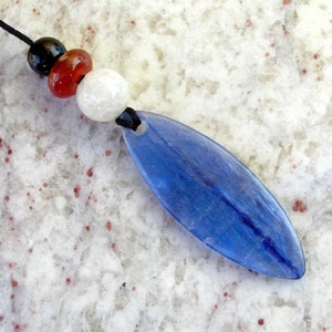 Kyanite Free Form Leaf Shaped Pendant Necklace with Dragon Vein Agate, Red and Black Agate, and Old Jade Beads image 5