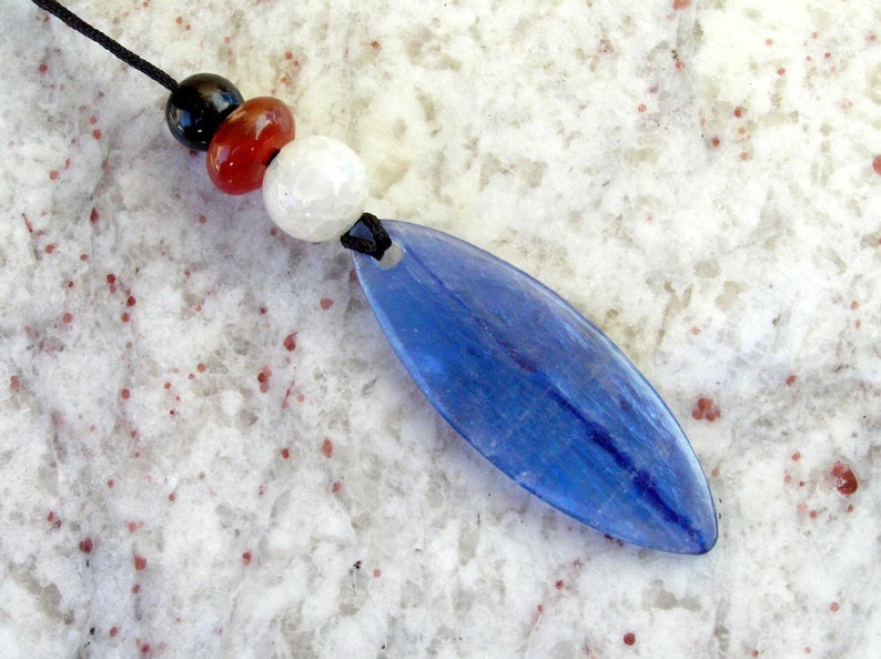 Kyanite Free Form Leaf Shaped Pendant Necklace with Dragon Vein Agate, Red and Black Agate, and Old Jade Beads image 5