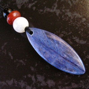 Kyanite Free Form Leaf Shaped Pendant Necklace with Dragon Vein Agate, Red and Black Agate, and Old Jade Beads image 1