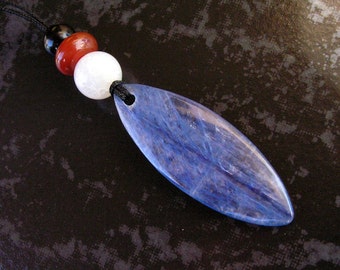 Kyanite Free Form Leaf Shaped Pendant Necklace with Dragon Vein Agate, Red and Black Agate, and Old Jade Beads