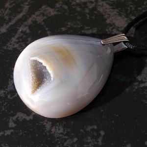 Natural Gray White Druzy Agate Geode Teardrop Pendant Necklace with Sterling Silver Simple Line Bail on Black Satin Cord image 1