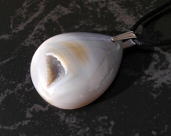 Natural Gray White Druzy Agate Geode Teardrop Pendant Necklace with Sterling Silver Simple Line Bail on Black Satin Cord