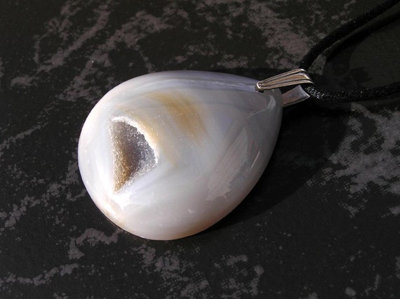 Natural Gray White Druzy Agate Geode Teardrop Pendant Necklace with Sterling Silver Simple Line Bail on Black Satin Cord Il_570xn