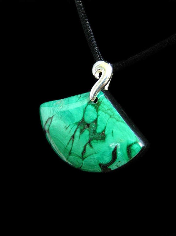 Malachite Seashell Fan Intarsia Pendant Necklace with Sterling Silver Bail and Black Satin Cord Il_570xn