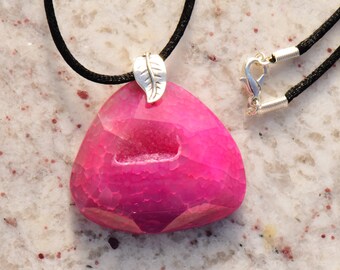 Pink Faceted Fire Agate Druzy Geode Pendant Necklace with Sterling Silver Leaf Bail on Black Satin Cord