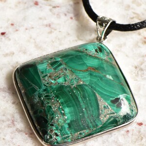 Malachite Pendant Necklace in Sterling Silver Setting and Openwork Bail on Black Satin Cord image 2