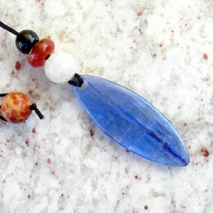 Kyanite Free Form Leaf Shaped Pendant Necklace with Dragon Vein Agate, Red and Black Agate, and Old Jade Beads image 3