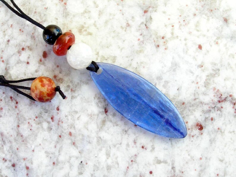 Kyanite Free Form Leaf Shaped Pendant Necklace with Dragon Vein Agate, Red and Black Agate, and Old Jade Beads image 3