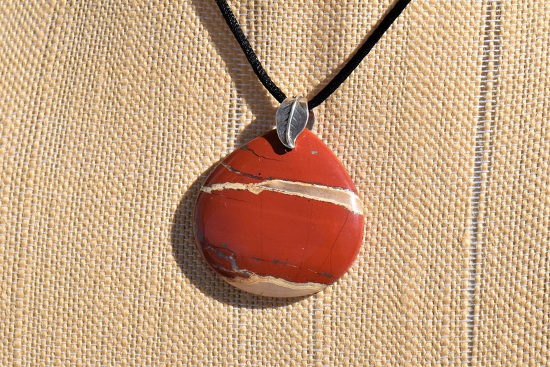 Red River Jasper Teardrop Pendant Necklace with Sterling Silver Double Leaf Bail on Black Satin Cord image 9