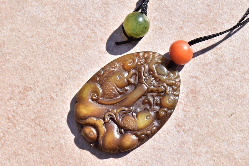 Vintage Jade Mythical Two Fish and Sea God Pendant Necklace with Vintage Jade Beads image 2