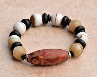 Tibetan Agate Nine-Eye Dzi Ritual Bead Bracelet with Tibetan Striped Agate Beads on Stretch Cord