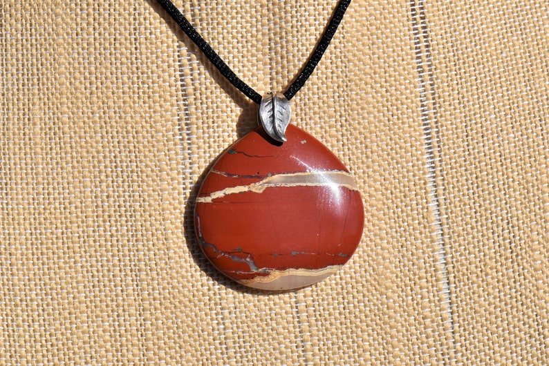 Red River Jasper Teardrop Pendant Necklace with Sterling Silver Double Leaf Bail on Black Satin Cord image 10